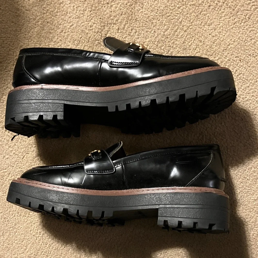 Sam Edelman Chunky Black Loafers with Gold Buckle - Picture 4 of 5